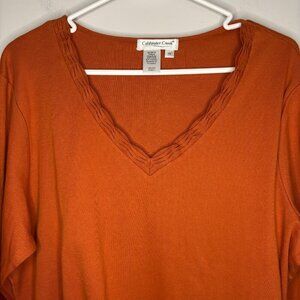 COLDWATER CREEK V-Neck Tee 1X Orange Pleats Soft Stretch